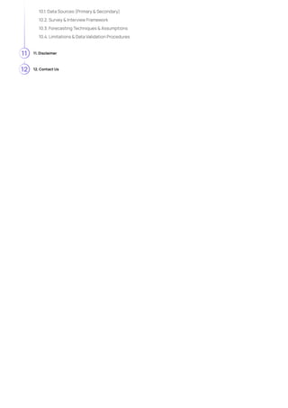 11. Disclaimer
12. Contact Us
10.1. Data Sources (Primary & Secondary)
10.2. Survey & Interview Framework
10.3. Forecasting Techniques & Assumptions
10.4. Limitations & Data Validation Procedures
11
12
 