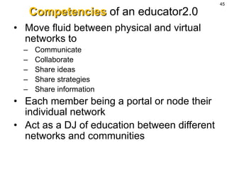 Competencies   of an educator2.0 Move fluid between physical and virtual networks to Communicate Collaborate Share ideas Share strategies Share information Each member being a portal or node their individual network Act as a DJ of education between different networks and communities 