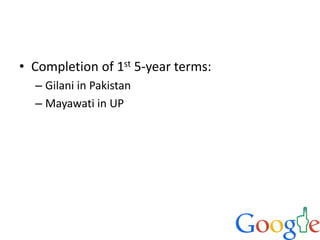 • Completion of 1st 5-year terms:
– Gilani in Pakistan
– Mayawati in UP
 