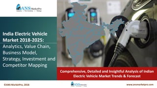 ©ANS MarketPro, 2018 www.ansmarketpro.com
India Electric Vehicle
Market 2018-2025:
Analytics, Value Chain,
Business Model,
Strategy, Investment and
Competitor Mapping
Comprehensive, Detailed and Insightful Analysis of Indian
Electric Vehicle Market Trends & Forecast
 