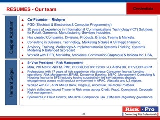 RESUMES - Our team                                                                                Credentials


                     Co-Founder - Riskpro
 Casper Abraham

                     PGD (Electrical & Electronics & Computer Programming)
                     30 years of experience in Information & Communications Technology (ICT) Solutions
                      for Retail, Garments, Manufacturing, Services Industries.
                     Has created Companies, Divisions, Products, Brands, Teams & Markets.
                     Consulting in Business, Technology, Marketing & Sales & Strategic Planning.
                     Advisory, Training, Workshops & Implementation in Systems Thinking, Systems
                      Modeling & Balanced Scorecard
                     Worked with TIFR, Mahindra, Ambience, Communico-Graphique & Ionidea Inc, USA,

                     Sr Vice President – Risk Management
                     MBA, PDFM,NSE-NCFM, PMP, CSSGB,ISO 9001:2000 I.A,GARP-FBR, ITILV3,CPP-BPM
 Hemant Seigell




                     Professional with 17 years of rich experience into diverse Consumer finance/ Lending
                      operations ,Risk Management,BPMS, Consumer Banking, NBFC, Management Consulting &
                      Housing finance in BFSI industry having successfully led key business strategic
                      engagements across multi-product environment in APAC, Australia and US regions.
                     Worked with GE, ABN AMRO Bank, Citigroup, Accenture, Deutsche Postbank
                     Highly skilled and expert Trainer in Risk areas across Credit, Fraud, Operational, Corporate
                      Risk management.
                     Specializes in Fraud Control, AML/KYC Compliance ,QA ,ERM and Regulatory governance.




                                                             25
 