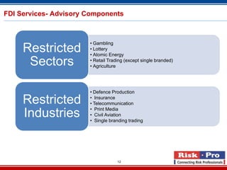 FDI Services- Advisory Components



                       • Gambling
     Restricted        • Lottery
                       • Atomic Energy
      Sectors          • Retail Trading (except single branded)
                       • Agriculture




                       • Defence Production

     Restricted        • Insurance
                       • Telecommunication
                       • Print Media
     Industries        • Civil Aviation
                       • Single branding trading




                                    12
 