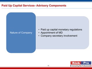 Paid Up Capital Services- Advisory Components




                         • Paid up capital monetary regulations
     Nature of Company   • Appointment of MD
                         • Company secretary involvement




                                13
 