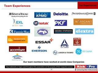 Team Experiences                                                                                          Our Experiences




                           Our team members have worked at world class Companies

 *Any trademarks or logos used throughout this presentation are the property of their respective owners
                                                                     23
 