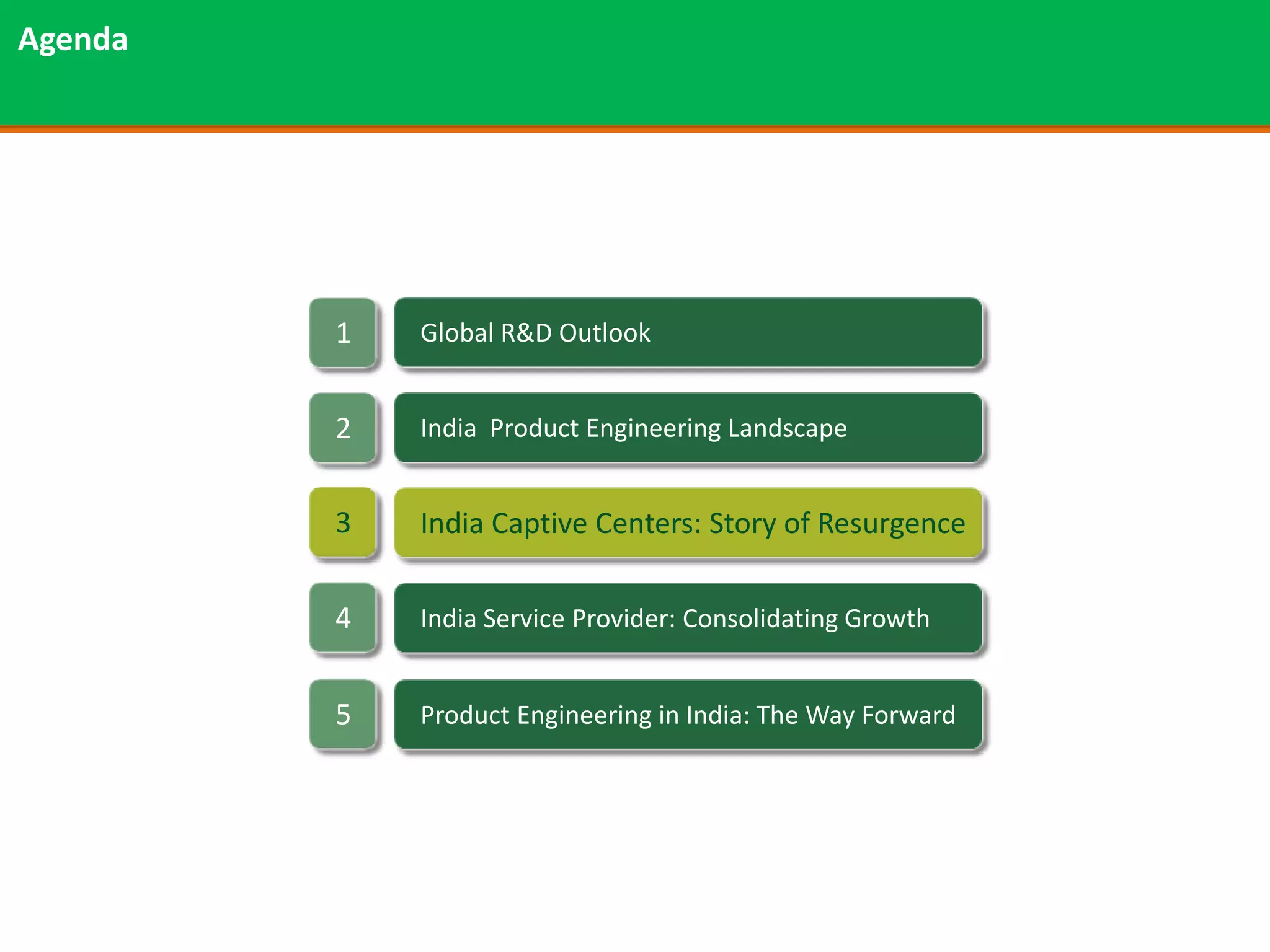 Agenda




         1   Global R&D Outlook


         2   India Product Engineering Landscape


         3   India Captive Centers: Story of Resurgence

         4   India Service Provider: Consolidating Growth


         5   Product Engineering in India: The Way Forward
 