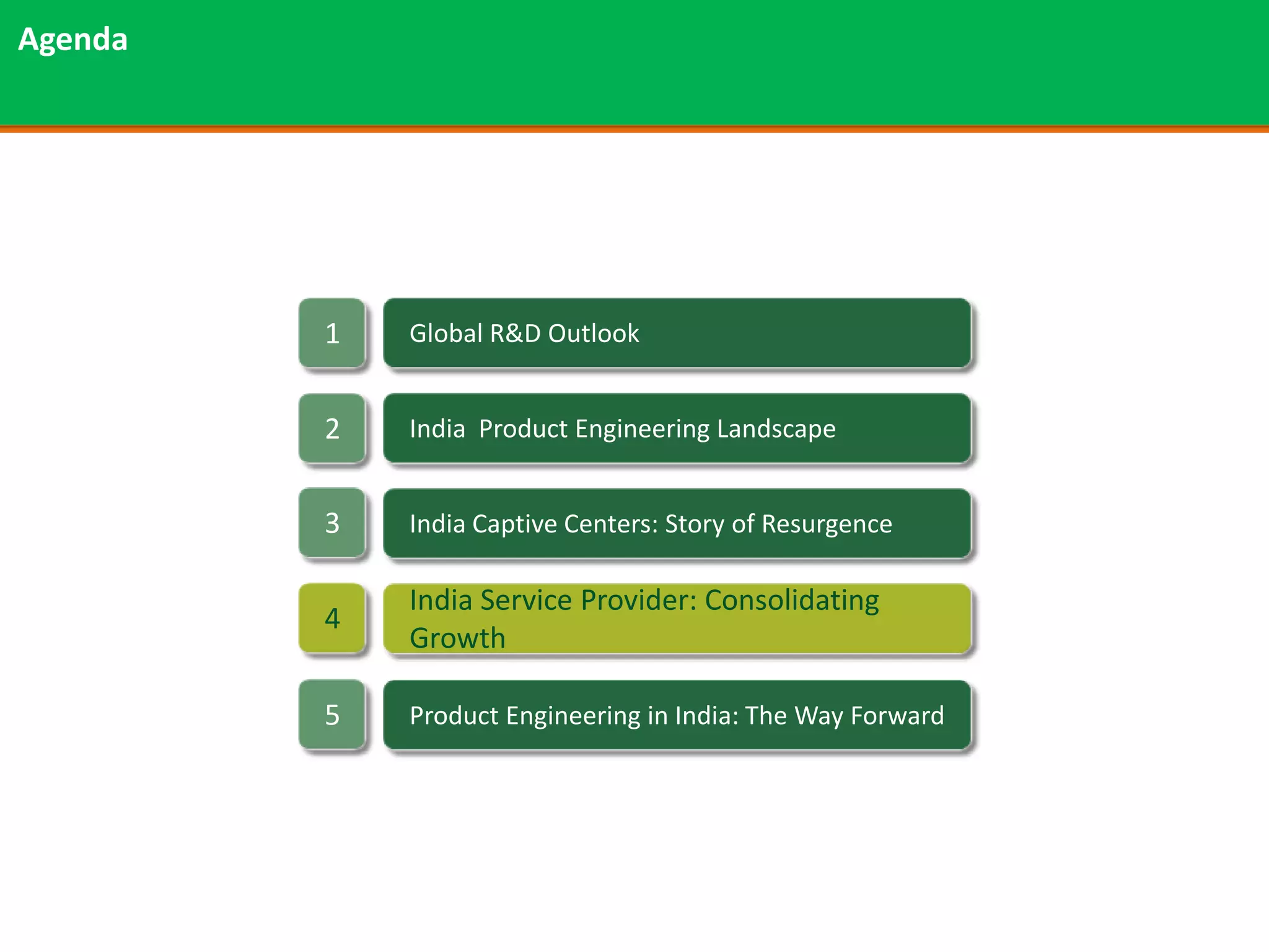 Agenda




         1   Global R&D Outlook


         2   India Product Engineering Landscape


         3   India Captive Centers: Story of Resurgence

             India Service Provider: Consolidating
         4
             Growth

         5   Product Engineering in India: The Way Forward
 
