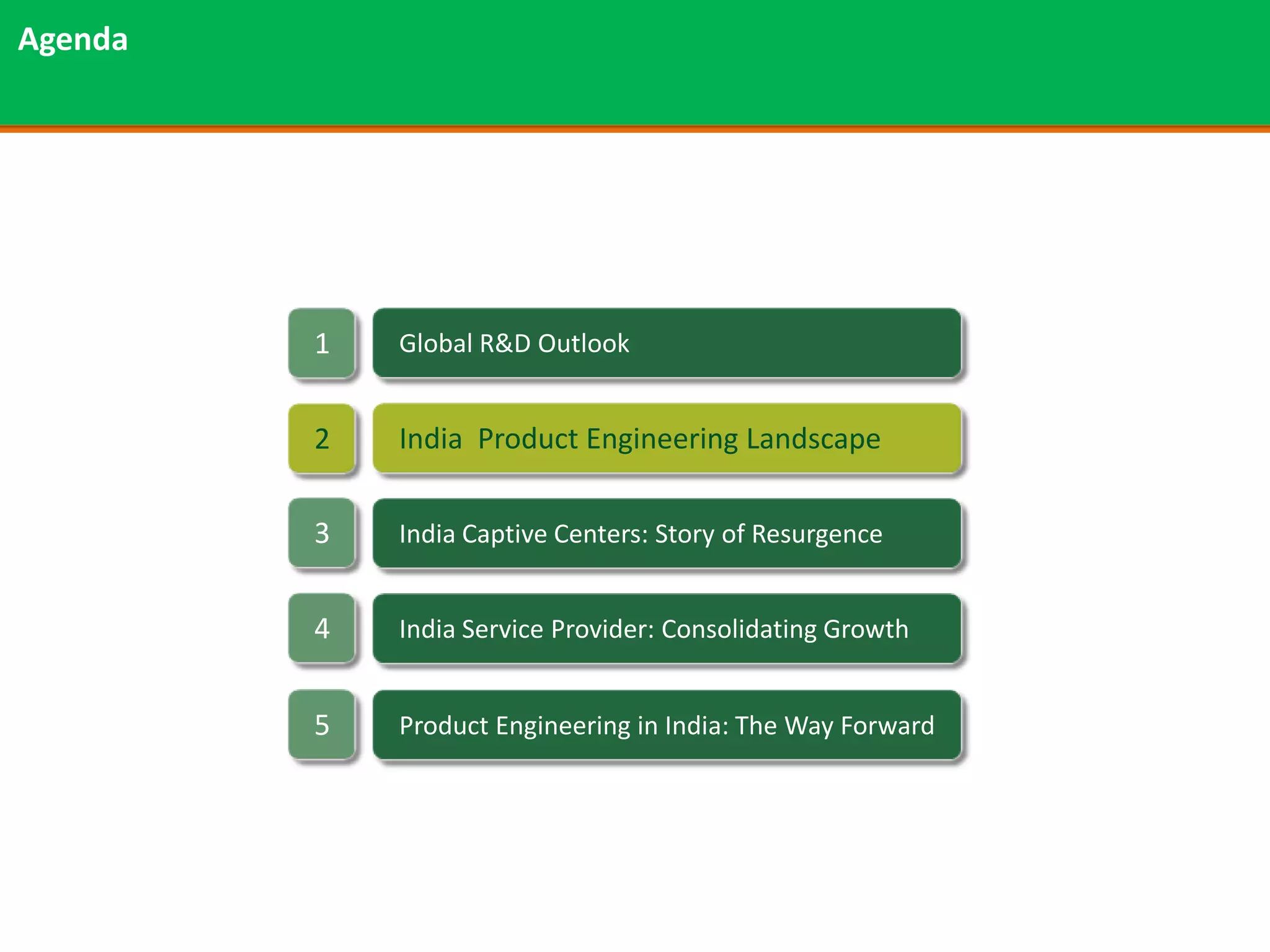 Agenda




         1   Global R&D Outlook


         2   India Product Engineering Landscape

         3   India Captive Centers: Story of Resurgence


         4   India Service Provider: Consolidating Growth


         5   Product Engineering in India: The Way Forward
 