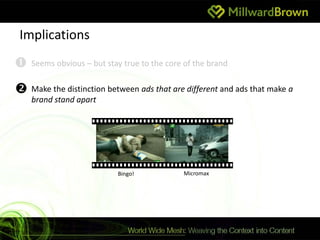 Implications
 Seems obvious – but stay true to the core of the brand
 Make the distinction between ads that are different and ads that make a
    brand stand apart




                           Bingo!           Micromax
 