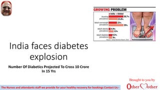 India faces diabetes
explosion
Number Of Diabetics Projected To Cross 10 Crore
In 15 Yrs
Brought to you by
The Nurses and attendants staff we provide for your healthy recovery for bookings Contact Us:-
 