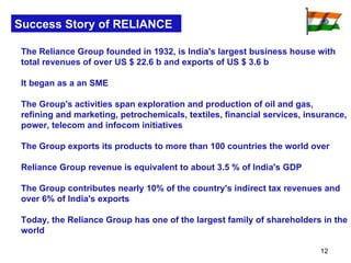 Success Story of RELIANCE The Reliance Group founded in 1932, is India's largest business house with total revenues of over US $ 22.6 b and exports of US $ 3.6 b It began as a an SME  The Group's activities span exploration and production of oil and gas, refining and marketing, petrochemicals, textiles, financial services, insurance, power, telecom and infocom initiatives  The Group exports its products to more than 100 countries the world over  Reliance Group revenue is equivalent to about 3.5 % of India's GDP  The Group contributes nearly 10% of the country's indirect tax revenues and over 6% of India's exports Today, the Reliance Group has one of the largest family of shareholders in the world  