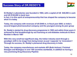 Success Story of DR.REDDY’S Dr.Reddy’s Laboratories was founded in 1984, with a capital of US  $40,000 in cash and US $120,000 in bank loan  In fact, it is this spirit of entrepreneurship that has shaped the company to become what it is today Today, the company with revenues of US $446 m, in fiscal year 2005, is India’s second largest pharmaceutical company and the youngest among its peer group Dr. Reddy’s started its drug discovery programme in 1993 and within three years it achieved its first breakthrough by out licensing an anti-diabetes molecule to Novo Nordisk in March 1997  With this very small but significant step, the Indian industry went through a paradigm shift in its image from being known as just ‘copycats’ to ‘innovators’!  Through its success, Dr. Reddy’s pioneered drug discovery in India Today, the company manufactures and markets API (Bulk Actives), Finished Dosages and Biologics in over 100 countries worldwide, in addition to having a very promising Drug Discovery Pipeline 