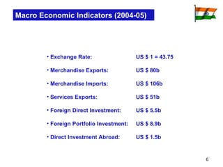 Exchange Rate: US $ 1 = 43.75 Merchandise Exports: US   $  80 b Merchandise Imports: US   $  106 b Services Exports: US $ 51b Foreign Direct Investment: US   $  5.5 b Foreign Portfolio Investment:  US $ 8.9b Direct Investment Abroad: US $ 1.5b Macro Economic Indicators (200 4 -0 5 )  
