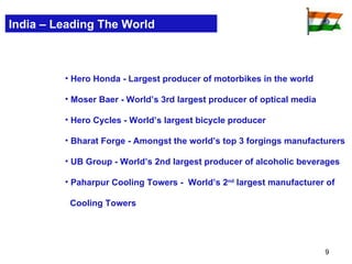 Hero Honda - Largest producer of motorbikes in the world Moser Baer - World’s 3rd largest producer of optical media Hero Cycles - World’s largest bicycle producer Bharat Forge - Amongst the world’s top 3 forgings manufacturers UB Group - World’s 2nd largest producer of alcoholic beverages  Paharpur Cooling Towers -  World’s 2 nd  largest manufacturer of  Cooling Towers India – Leading The World 
