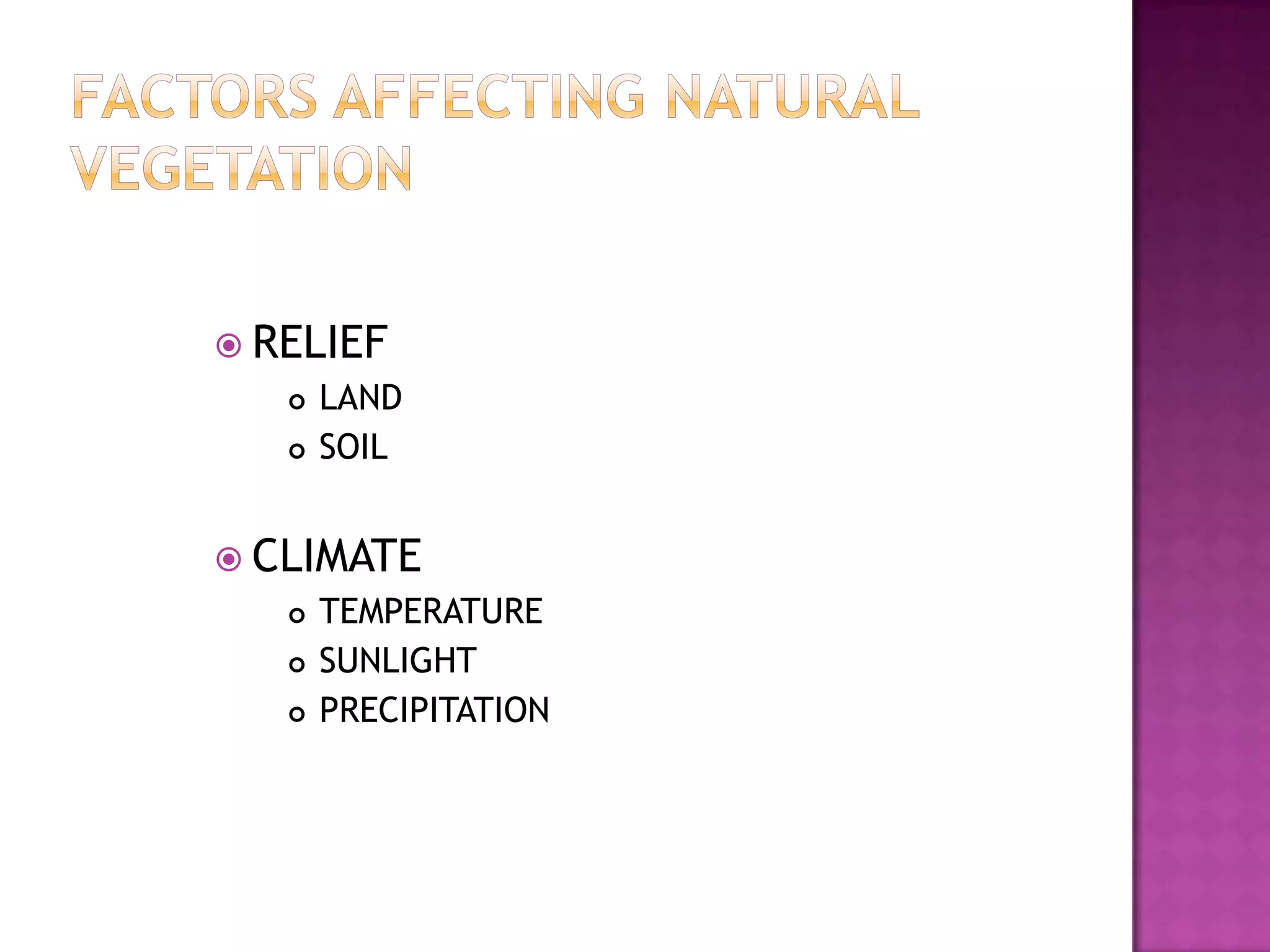  RELIEF
      LAND
      SOIL


 CLIMATE
      TEMPERATURE
      SUNLIGHT
      PRECIPITATION
 