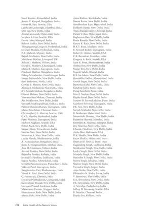212 India: Health of the Nation’s States
Sunil Kumar, Ahmedabad, India
Anura V. Kurpad, Bengaluru, India
Hmwe H. Kyu, Seattle, USA
Laishram Ladusingh, Mumbai, India
Shiv Lal, New Delhi, India
Avula Laxmaiah, Hyderabad, India
Stephen S. Lim, Seattle, USA
Derek Lobo, Manipal, India
Rakesh Lodha, New Delhi, India
Thingnganing Longvah, Hyderabad, India
Jayaram Madala, Hyderabad, India
P.A. Mahesh, Mysore, India
Rajesh Malhotra, New Delhi, India
Matthews Mathai, Liverpool, UK
Ashish J. Mathew, Vellore, India
Joseph L. Mathew, Chandigarh, India
Manu R. Mathur, Gurugram, India
Prashant Mathur, Bengaluru, India
Dileep Mavalankar, Gandhinagar, India
Sanjay Mehendale, New Delhi, India
Ravi Mehrotra, Noida, India
Geetha R. Menon, New Delhi, India
Ahmed J. Mohamed, New Delhi, India
B.V. Murali Mohan, Bengaluru, India
Dinesh Mohan, New Delhi, India
Viswanathan Mohan, Chennai, India
Ajit Mukherjee, New Delhi, India
Satinath Mukhopadhyay, Kolkata, India
Pallavi Muraleedharan, Gurugram, India
Manoj Murhekar, Chennai, India
Christopher J.L. Murray, Seattle, USA
G.V.S. Murthy, Hyderabad, India
Parul Mutreja, Gurugram, India
Mohsen Naghavi, Seattle, USA
Nitish Naik, New Delhi, India
Sanjeev Nair, Trivandrum, India
Saritha Nair, New Delhi, India
Sreenivas A. Nair, New Delhi, India
Lipika Nanda, Bhubaneswar, India
A. Nandakumar, Bengaluru, India
Romi S. Nongmaithem, Imphal, India
Anu M. Oommen, Vellore, India
Arvind Pandey, New Delhi, India
Rajendra Pandey, Kolkata, India
Jeyaraj D. Pandian, Ludhiana, India
Sapan Pandya, Ahmedabad, India
Sreejith Parameswaran, Puducherry, India
Vikram Patel, Gurugram, India
Sanghamitra Pati, Bhubaneswar, India
Vinod K. Paul, New Delhi, India
C. Ponnuraja, Chennai, India
Dorairaj Prabhakaran, Gurugram, India
Kameshwar Prasad, New Delhi, India
Narayan Prasad, Lucknow, India
Manorama Purwar, Nagpur, India
Kirankumar Rade, New Delhi, India
Manju Rahi, New Delhi, India
Asma Rahim, Kozhikode, India
Neena Raina, New Delhi, India
Sreebhushan Raju, Hyderabad, India
Siddarth Ramji, New Delhi, India
Thara Rangaswamy, Chennai, India
Paturi V. Rao, Hyderabad, India
Raghuram Rao, New Delhi, India
Reeta Rasaily, New Delhi, India
Goura K. Rath, New Delhi, India
H.K.T. Raza, Jabalpur, India
K. Srinath Reddy, Gurugram, India
Robert C. Reiner, Seattle, USA
C.R. Revankar, Mumbai, India
Gregory A. Roth, Seattle, USA
Sarit K. Rout, Bhubaneswar, India
Ambuj Roy, New Delhi, India
Nupur Roy, New Delhi, India
Yogesh Sabde, Bhopal, India
K.S. Sachdeva, New Delhi, India
Harsiddha Sadhu, Ahmedabad, India
Rajesh Sagar, New Delhi, India
Damodar Sahu, New Delhi, India
Sundeep Salvi, Pune, India
Parag Sancheti, Pune, India
Mari J. Sankar, New Delhi, India
Dipika Saraf, New Delhi, India
Sanjeev B. Sarmukaddam, Pune, India
Sakthivel Selvaraj, Gurugram, India
P.K. Sen, New Delhi, India
Suresh Seshadri, New Delhi, India
B. Sesikeran, Hyderabad, India
Meenakshi Sharma, New Delhi, India
Rajendra Sharma, Mumbai, India
Ravendra K. Sharma, Jabalpur, India
R.S. Sharma, New Delhi, India
Chander Shekhar, New Delhi, India
Anita Shet, Baltimore, USA
D.K. Shukla, New Delhi, India
Rajan Shukla, Hyderabad, India
Sharvari R. Shukla, Pune, India
Gagandeep Singh, Ludhiana, India
Jitenkumar Singh, New Delhi, India
Lucky Singh, New Delhi, India
Manjula Singh, New Delhi, India
Narinder P. Singh, New Delhi, India
Neeru Singh, Jabalpur, India
Shalini Singh, New Delhi, India
Virendra Singh, Jaipur, India
Anju Sinha, New Delhi, India
Dhirendra N. Sinha, Patna, India
V. Sreenivas, New Delhi, India
R.K. Srivastava, New Delhi, India
P.K. Srivastava, New Delhi, India
A. Srividya, Puducherry, India
Jeffrey D. Stanaway, Seattle, USA
R. Sujatha, Chennai, India
Dipika Sur, Kolkata, India
 