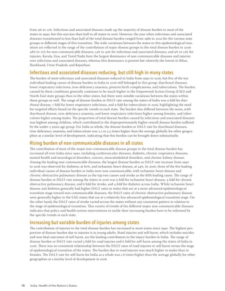 18 India: Health of the Nation’s States
from 9% to 12%. Infectious and associated diseases made up the majority of disease burden in most of the
states in 1990, but this was less than half in all states in 2016. However, the year when infectious and associated
diseases transitioned to less than half of the total disease burden ranged from 1986 to 2010 for the various state
groups in different stages of this transition. The wide variations between the states in this epidemiological tran-
sition are reflected in the range of the contribution of major disease groups to the total disease burden in 2016:
48% to 75% for non-communicable diseases, 14% to 43% for infectious and associated diseases, and 9% to 14% for
injuries. Kerala, Goa, and Tamil Nadu have the largest dominance of non-communicable diseases and injuries
over infectious and associated diseases, whereas this dominance is present but relatively the lowest in Bihar,
Jharkhand, Uttar Pradesh, and Rajasthan.
Infectious and associated diseases reducing, but still high in many states
The burden of most infectious and associated diseases reduced in India from 1990 to 2016, but five of the ten
individual leading causes of disease burden in India in 2016 still belonged to this group: diarrhoeal diseases,
lower respiratory infections, iron-deficiency anaemia, preterm birth complications, and tuberculosis. The burden
caused by these conditions generally continues to be much higher in the Empowered Action Group (EAG) and
North-East state groups than in the other states, but there were notable variations between the states within
these groups as well. The range of disease burden or DALY rate among the states of India was 9 fold for diar-
rhoeal disease, 7 fold for lower respiratory infections, and 9 fold for tuberculosis in 2016, highlighting the need
for targeted efforts based on the specific trends in each state. The burden also differed between the sexes, with
diarrhoeal disease, iron-deficiency anaemia, and lower respiratory infections higher among females, and tuber-
culosis higher among males. The proportion of total disease burden caused by infectious and associated diseases
was highest among children, which contributed to the disproportionately higher overall disease burden suffered
by the under-5 years age group. For India as whole, the disease burden or DALY rate for diarrhoeal diseases,
iron-deficiency anaemia, and tuberculosis was 2.5 to 3.5 times higher than the average globally for other geogra-
phies at a similar level of development, indicating that this burden can be brought down substantially.
Rising burden of non-communicable diseases in all states
The contribution of most of the major non-communicable disease groups to the total disease burden has
increased all over India since 1990, including cardiovascular diseases, diabetes, chronic respiratory diseases,
mental health and neurological disorders, cancers, musculoskeletal disorders, and chronic kidney disease.
Among the leading non-communicable diseases, the largest disease burden or DALY rate increase from 1990
to 2016 was observed for diabetes, at 80%, and ischaemic heart disease, at 34%. In 2016, three of the five leading
individual causes of disease burden in India were non-communicable, with ischaemic heart disease and
chronic obstructive pulmonary disease as the top two causes and stroke as the fifth leading cause. The range of
disease burden or DALY rate among the states in 2016 was 9 fold for ischaemic heart disease, 4 fold for chronic
obstructive pulmonary disease, and 6 fold for stroke, and 4 fold for diabetes across India. While ischaemic heart
disease and diabetes generally had higher DALY rates in states that are at a more advanced epidemiological
transition stage toward non-communicable diseases, the DALY rates of chronic obstructive pulmonary disease
were generally higher in the EAG states that are at a relatively less advanced epidemiological transition stage. On
the other hand, the DALY rates of stroke varied across the states without any consistent pattern in relation to
the stage of epidemiological transition. This variety of trends of the different major non-communicable diseases
indicates that policy and health system interventions to tackle their increasing burden have to be informed by
the specific trends in each state.
Increasing but variable burden of injuries among states
The contribution of injuries to the total disease burden has increased in most states since 1990. The highest pro-
portion of disease burden due to injuries is in young adults. Road injuries and self-harm, which includes suicides
and non-fatal outcomes of self-harm, are the leading contributors to the injury burden in India. The range of
disease burden or DALY rate varied 3 fold for road injuries and 6 fold for self-harm among the states of India in
2016. There was no consistent relationship between the DALY rates of road injuries or self-harm versus the stage
of epidemiological transition of the states. The burden due to road injuries was much higher in males than in
females. The DALY rate for self-harm for India as a whole was 1.8 times higher than the average globally for other
geographies at a similar level of development in 2016.
 