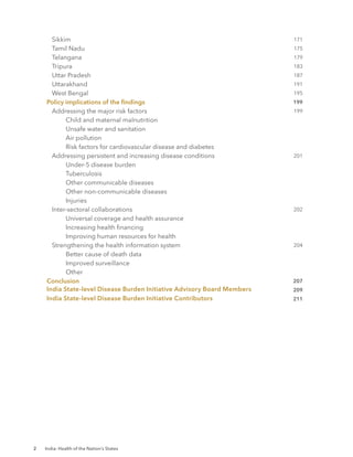 2 India: Health of the Nation’s States
		 Sikkim
		 Tamil Nadu
		 Telangana
		 Tripura
		 Uttar Pradesh
		 Uttarakhand
		 West Bengal
Policy implications of the findings
		 Addressing the major risk factors
			 Child and maternal malnutrition
			 Unsafe water and sanitation
			 Air pollution
			 Risk factors for cardiovascular disease and diabetes
		 Addressing persistent and increasing disease conditions
			 Under-5 disease burden
			 Tuberculosis
			 Other communicable diseases
			 Other non-communicable diseases
			 Injuries
		 Inter-sectoral collaborations
			 Universal coverage and health assurance
Increasing health financing
			 Improving human resources for health
		 Strengthening the health information system
			 Better cause of death data
			 Improved surveillance
			 Other
Conclusion
India State-level Disease Burden Initiative Advisory Board Members
India State-level Disease Burden Initiative Contributors
171
175
179
183
187
191
195
199
199
201
202
204
207
209
211
 