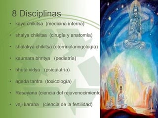 8 Disciplinas
• kaya chikitsa (medicina interna)

• shalya chikitsa (cirugía y anatomía)

• shalakya chikitsa (otorrinolaringología)

• kaumara bhritya (pediatría)

• bhuta vidya (psiquiatría)

• agada tantra (toxicología)

• Rasayana (ciencia del rejuvenecimiento)

• vaji karana (ciencia de la fertilidad)
 
