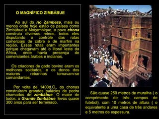 O MAGNÍFICO ZIMBÁBUE

      Ao sul do rio Zambeze, mais ou
menos onde hoje estão os países como
Zimbábue e Moçambique, o povo chona
construiu diversos reinos, todos eles
disputando o controle das rotas
comerciais de cobre e de marfim na
região. Essas rotas eram importantes
porque chegavam até o litoral leste da
África, onde havia presença de
comerciantes árabes e indianos.

  Os criadores de gado bovino eram os
melhores soldados, e os donos dos
maiores     rebanhos      tornavam-se
comandantes.

    Por volta de 1400d.C., os chonas
construíram grandes palácios de pedra
chamados de zimbábue. O maior de            São quase 250 metros de muralha ( o
todos, o Grande Zimbábue, levou quase    comprimento de três campos de
300 anos para ser terminado.             futebol), com 10 metros de altura ( o
                                         equivalente a uma casa de três andares
                                         e 5 metros de espessura.
 