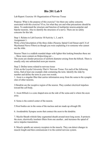 Bio 201 Lab 9
Lab Report: Exercise 10: Organization of Nervous Tissue
Purpose: What is the purpose of this exercise? Are there any safety concerns
associated with this exercise? If so, list what they are and what precautions should be
taken. To understand the structure and function of multipolar neuron,unipolar and
bipolar neurons. Also to identify the structures of a nerve. There are no safety
concerns for this lab.
Step 1: Relates to Lab Exercise 10/Activity 1, 3, and 4.
Assignment 1:
Write a brief description of the three slides (Neuron, Spinal Cord Smear and C.S of
Myelinated Nerve Fibers) as though you were explaining it to someone who cannot
see the slide.
Neuron There is a reddish rounded shape with lighter thin looking branches these are
... Show more content on Helpwriting.net ...
The axons are slender processes of uniform diameter arising from the hillock. There is
usually only one unbranched axon per neuron.
Step 2: Define terms related to nervous tissue
Click on the Loyola University/ Part 6: Nervous Tissue. For each of the following
terms, find at least one example slide containing the term. Identify the slide by
number and define the term in your own words.
1. Axon is a singular fiber that carries information away from the soma to the synaptic
sites of other neurons.
2.Dendrite are the receptive region of the neuron. They conduct electrical impulses
toward the cell body.
3. Axon Hillock is a cone shaped area on the side of the soma and is where the axon
arise.
4. Soma is the control center of the neuron.
5.Nissl bodies are in the soma of the nucleus and are made up ofrough ER.
6. Axodendritic Synapse axons that connect the axon to the dendrite.
7. Myelin Sheath whitish fatty segmented sheath around most long axons. It protects
the axon, electrically insulates fibers from one another , and increases the speed of
nerve impulse transmition.
8. Muscle spindle are sensory receptors in the muscle. They can detect changes in
muscle length and then communicate it to the central nervous system.
 