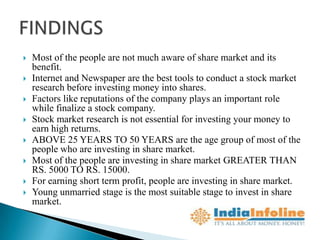    Most of the people are not much aware of share market and its
    benefit.
   Internet and Newspaper are the best tools to conduct a stock market
    research before investing money into shares.
   Factors like reputations of the company plays an important role
    while finalize a stock company.
   Stock market research is not essential for investing your money to
    earn high returns.
   ABOVE 25 YEARS TO 50 YEARS are the age group of most of the
    people who are investing in share market.
   Most of the people are investing in share market GREATER THAN
    RS. 5000 TO RS. 15000.
   For earning short term profit, people are investing in share market.
   Young unmarried stage is the most suitable stage to invest in share
    market.
 