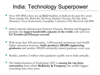 India: Technology Superpower 
 Over 100 MNCs have set up R&D facilities in India in the past five years. 
These include GE, Bell Labs, Du Pont, Daimler Chrysler, Eli Lilly, Intel, 
Monsanto, Texas Instruments, Caterpillar, Cummins, GM, Microsoft and IBM. 
 India’s telecom infrastructure between Chennai, Mumbai and Singapore, 
provides the largest bandwidth capacity in the world, with well over 
8.5 Terabits (8.5Tbs) per second. 
 With more than 250 universities, 1,500 research institutions and 10,428 
higher-education institutes, India produces 200,000 engineering 
graduates and another 300,000 technically trained graduates every year. 
 Besides, another 2 million other graduates qualify out in India annually. 
 The Indian Institute of Technology (IIT) is among the top three 
universities from which McKinsey & Company, the world's biggest 
consulting firm, hires most. 
 