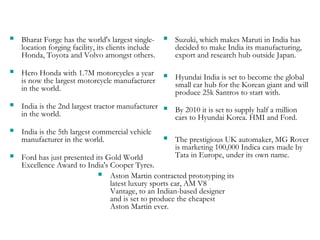  Bharat Forge has the world's largest single-location 
forging facility, its clients include 
Honda, Toyota and Volvo amongst others. 
 Hero Honda with 1.7M motorcycles a year 
is now the largest motorcycle manufacturer 
in the world. 
 India is the 2nd largest tractor manufacturer 
in the world. 
 India is the 5th largest commercial vehicle 
manufacturer in the world. 
 Ford has just presented its Gold World 
Excellence Award to India's Cooper Tyres. 
 Suzuki, which makes Maruti in India has 
decided to make India its manufacturing, 
export and research hub outside Japan. 
 Hyundai India is set to become the global 
small car hub for the Korean giant and will 
produce 25k Santros to start with. 
 By 2010 it is set to supply half a million 
cars to Hyundai Korea. HMI and Ford. 
 The prestigious UK automaker, MG Rover 
is marketing 100,000 Indica cars made by 
Tata in Europe, under its own name. 
 Aston Martin contracted prototyping its 
latest luxury sports car, AM V8 
Vantage, to an Indian-based designer 
and is set to produce the cheapest 
Aston Martin ever. 
 