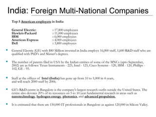 India: Foreign Multi-National Companies 
Top 5 American employers in India: 
General Electric: : 17,800 employees 
Hewlett-Packard : 11,000 employees 
IBM : 6,000 employees 
American Express : 4,000 employees 
Dell : 3,800 employees 
 General Electric (GE) with $80 Million invested in India employs 16,000 staff, 1,600 R&D staff who are 
qualified with PhD’s and Master’s degrees. 
 The number of patents filed in USA by the Indian entities of some of the MNCs (upto September, 
2002) are as follows: Texas Instruments - 225, Intel - 125, Cisco Systems - 120, IBM - 120, Phillips - 
102, GE - 95. 
 Staff at the offices of Intel (India) has gone up from 10 to 1,000 in 4 years, 
and will reach 2000 staff by 2006. 
 GE's R&D centre in Bangalore is the company's largest research outfit outside the United States. The 
centre also devotes 20% of its resources on 5 to 10 year fundamental research in areas such as 
nanotechnology, hydrogen energy, photonics, and advanced propulsion. 
 It is estimated that there are 150,000 IT professionals in Bangalore as against 120,000 in Silicon Valley. 
 