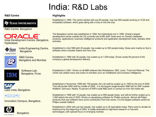 India: R&D Labs 
R&D Centre Highlights 
R&D Centre, Bangalore 
Established in 1984. The centre started with just 20 people, now has 900 people working on VLSI and 
embedded software, which goes along with a chip or into the chip. 
India Development Centre, Bangalore, 
Hyderabad. 
The Bangalore centre was established in 1994; the Hyderabad one in 1999. Oracle’s largest 
development centre outside the US currently has 6,000 staff. Does work on Oracle's database 
products, applications, business intelligence products and application development tools, besides other 
activities. 
India Engineering Centre, 
Bangalore 
Established in mid-1999 with 20 people, has scaled up to 500 people today. Does work mainly on Sun's 
software which includes Solaris and Sun One. 
R&D Centre, 
Bangalore and Mumbai. 
Established in 1988 with 20 people, has scaled up to 1,000 today. Drives nearly 60 percent of the 
company’s global development delivery. 
Software Lab, 
Bangalore, Pune. 
Established in 2001. Works on all IBM software like WebSphere, DB2, Lotus, Tivoli and Rational. The 
centre has added many new areas of activities such as middleware and business intelligence. 
Labs India, Bangalore. 
Established in November 1998 with 100 people, the Lab swill be scaled up to 1500 by the end of 2004. 
That will double 3000 staff by middle of 2006. It is the largest single-location R&D lab for SAP outside 
Walldorf, Germany. Nearly 10 percent of SAP's total R&D work is carried out from the Indian lab. 
Innovation Campus, Bangalore. 
Established in 1996 with 10 people, has scaled up to 895 people today, and will be further scaled up to 
1,000 before the end of 2003. Works on developing software for Philips products. Almost all Philips 
products that use software have some contribution from this centre. It is the largest software centre for 
Philips outside Holland. 
Bangalore. 
Established in 2002 with just two people, has scaled up to 20 specialists today. Plans exist to double its 
headcount by the beginning of 2004. Is totally dedicated to high-level research on futuristic 
technologies, with special focus on emerging markets. 
 