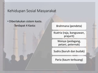 Kehidupan Sosial Masyarakat
• Diberlakukan sistem kasta.
Terdapat 4 Kasta: Brahmana (pendeta)
Ksatria (raja, bangsawan,
prajurit)
Waisya (pedagang,
petani, peternak)
Sudra (buruh dan budak)
Paria (kaum terbuang)
 