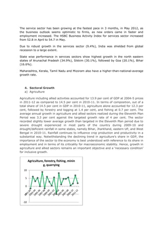 The service sector has been growing at the fastest pace in 3 months, in May 2012, as
the business outlook seems optimistic to firms, as new orders came in faster and
employment increased. The HSBC Business Activity Index for services sector increased
from 52.8 in April to 54.7 in May.

Due to robust growth in the services sector (9.4%), India was shielded from global
recession to a large extent.

State wise performance in services sectors show highest growth in the north eastern
states of Arunachal Pradesh (34.9%), Sikkim (30.1%), followed by Goa (20.1%), Bihar
(16.6%).

Maharashtra, Kerala, Tamil Nadu and Mizoram also have a higher-than-national-average
growth rate.



   4. Sectoral Growth
   a) Agriculture

Agriculture including allied activities accounted for 13.9 per cent of GDP at 2004-5 prices
in 2011-12 as compared to 14.5 per cent in 2010-11. In terms of composition, out of a
total share of 14.5 per cent in GDP in 2010-11, agriculture alone accounted for 12.3 per
cent, followed by forestry and logging at 1.4 per cent, and fishing at 0.7 per cent. The
average annual growth in agriculture and allied sectors realized during the Eleventh Plan
Period was 3.3 per cent against the targeted growth rate of 4 per cent. The sector
recorded slightly lower average growth than targeted in the Eleventh Plan period due to
severe drought experienced in most parts of the country during 2009-10 and
drought/deficient rainfall in some states, namely Bihar, Jharkhand, eastern UP, and West
Bengal in 2010-11. Rainfall continues to influence crop production and productivity in a
substantial way. Notwithstanding the declining trend in agriculture’s share in GDP, the
importance of the sector to the economy is best understood with reference to its share in
employment and in terms of its criticality for macroeconomic stability. Hence, growth in
agriculture and allied sectors remains an important objective and a ‘necessary condition’
for inclusive growth.


        Agriculture, forestry, fishing, minin
                   g, quarrying
   10

    5

    0

   -5

  -10
 