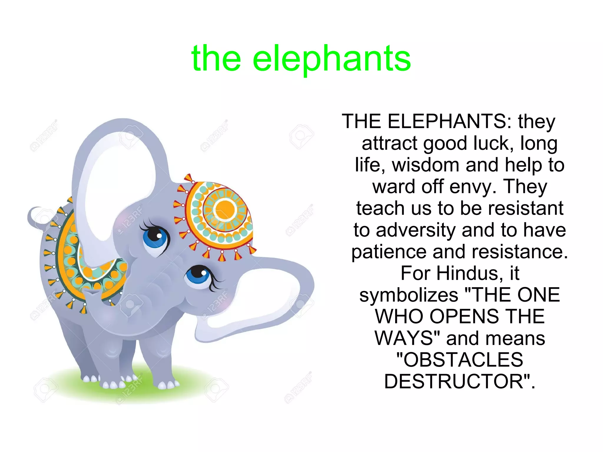 the elephants
THE ELEPHANTS: they
attract good luck, long
life, wisdom and help to
ward off envy. They
teach us to be resistant
to adversity and to have
patience and resistance.
For Hindus, it
symbolizes "THE ONE
WHO OPENS THE
WAYS" and means
"OBSTACLES
DESTRUCTOR".