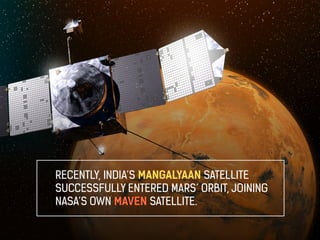 RECENTLY, INDIA’S MANGALYAAN SATELLITE 
SUCCESSFULLY ENTERED MARS’ ORBIT, JOINING 
NASA’S OWN MAVEN SATELLITE. 
 