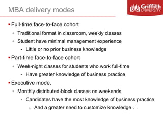 MBA delivery modes
 Full-time face-to-face cohort
◦ Traditional format in classroom, weekly classes

◦ Student have minimal management experience
- Little or no prior business knowledge

 Part-time face-to-face cohort
◦ Week-night classes for students who work full-time
- Have greater knowledge of business practice

 Executive mode,
◦ Monthly distributed-block classes on weekends
- Candidates have the most knowledge of business practice


And a greater need to customize knowledge …

 
