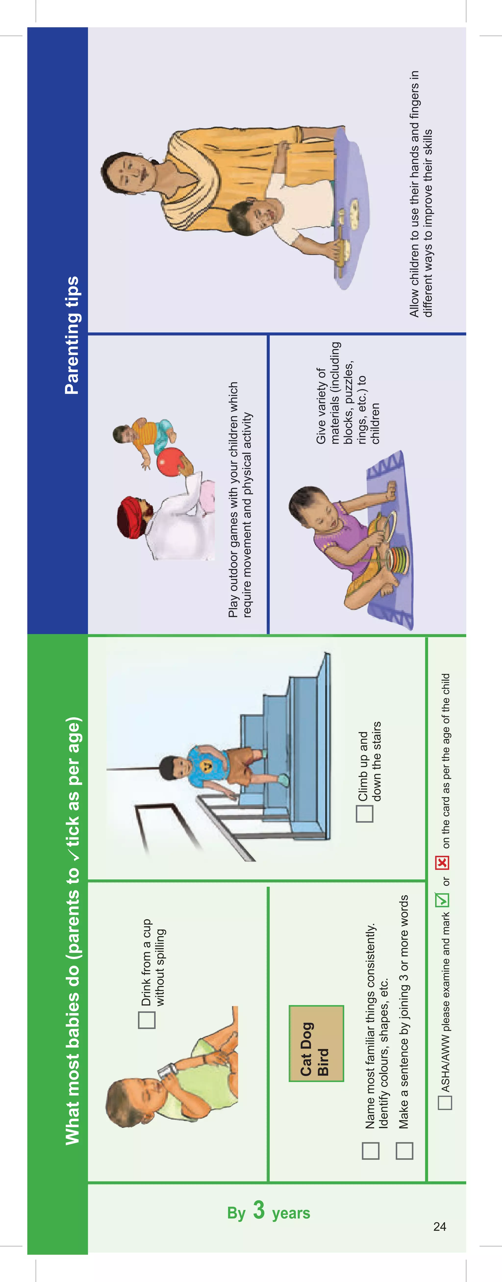 Climb
up
and
down
the
stairs
Play
outdoor
games
with
your
children
which
require
movement
and
physical
activity
Allow
children
to
use
their
hands
and
fingers
in
different
ways
to
improve
their
skills
Give
variety
of
materials
(including
blocks,
puzzles,
rings,
etc.)
to
children
Drink
from
a
cup
without
spilling
Cat
Dog
Bird
Name
most
familiar
things
consistently.
Identify
colours,
shapes,
etc.
Make
a
sentence
by
joining
3
or
more
words
By 3 years
24
Parenting
tips
What
most
babies
do
(parents
to

tick
as
per
age)
ASHA/AWW
please
examine
and
mark

or

on
the
card
as
per
the
age
of
the
child
 