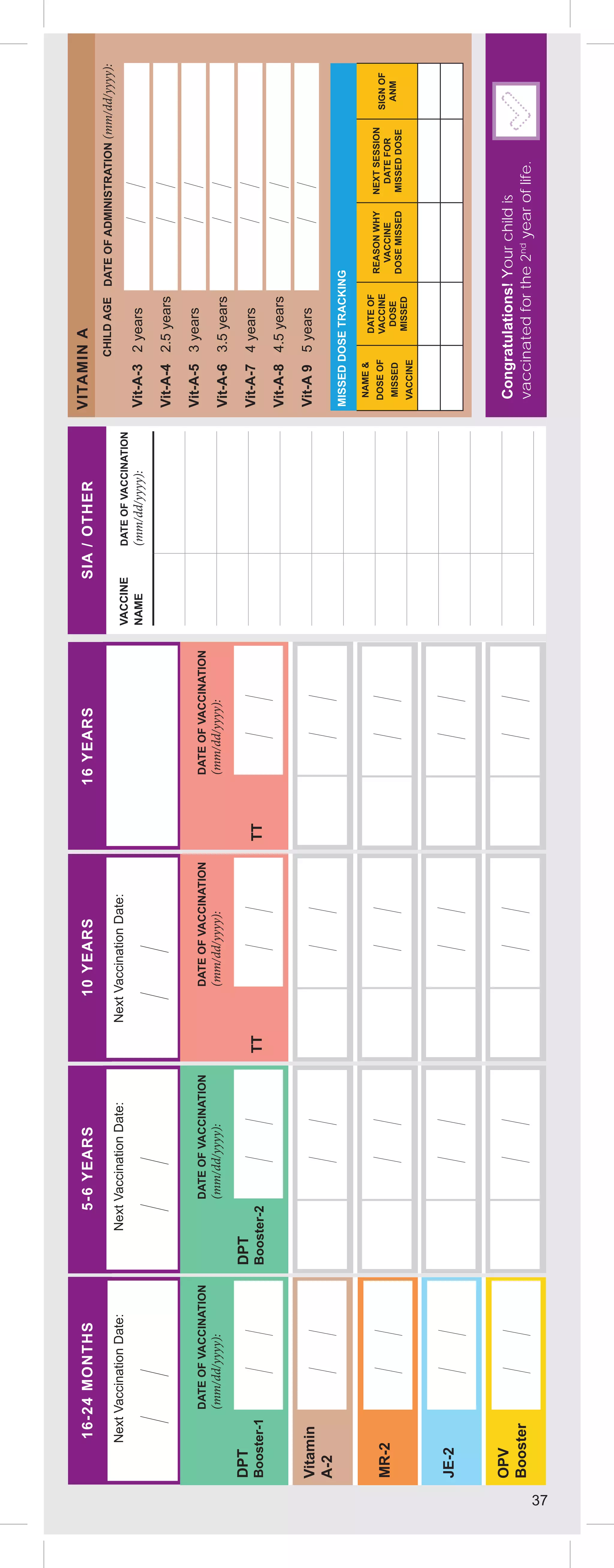 37
SIA
/
OTHER
VACCINE
NAME
DATE
OF
VACCINATION
(mm/dd/yyyy):
VITAMIN
A
CHILD
AGE
DATE
OF
ADMINISTRATION
(mm/dd/yyyy):
Vit-A-3
2
years
Vit-A-4
2.5
years
Vit-A-5
3
years
Vit-A-6
3.5
years
Vit-A-7
4
years
Vit-A-8
4.5
years
Vit-A
9
5
years
16-24
MONTHS
10
YEARS
5-6
YEARS
16
YEARS
Next
Vaccination
Date:
Next
Vaccination
Date:
Next
Vaccination
Date:
TT
TT
Vitamin
A-2
JE-2
MR-2
DPT
Booster-1
DPT
Booster-2
OPV
Booster
Congratulations!
Your
child
is
vaccinated
for
the
2
nd
year
of
life.
MISSED
DOSE
TRACKING
NAME

DOSE
OF
MISSED
VACCINE
DATE
OF
VACCINE
DOSE
MISSED
REASON
WHY
VACCINE
DOSE
MISSED
NEXT
SESSION
DATE
FOR
MISSED
DOSE
SIGN
OF
ANM
37
DATE
OF
VACCINATION
(mm/dd/yyyy):
DATE
OF
VACCINATION
(mm/dd/yyyy):
DATE
OF
VACCINATION
(mm/dd/yyyy):
DATE
OF
VACCINATION
(mm/dd/yyyy):
 