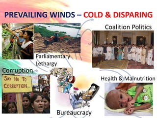 PREVAILING WINDS – COLD & DISPARING
                                   Coalition Politics



             Parliamentary
             Lethargy
Corruption
                                  Health & Malnutrition




                    Bureaucracy
 