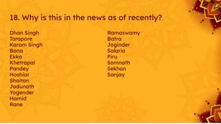 18. Why is this in the news as of recently?
Dhan Singh
Tarapore
Karam Singh
Bana
Ekka
Khetrapal
Pandey
Hoshiar
Shaitan
Jadunath
Yogender
Hamid
Rane
Ramaswamy
Batra
Joginder
Salaria
Piru
Somnath
Sekhon
Sanjay
 