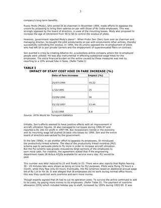 company’s long-term benefits.
Russy Mody (Mody), who joined IA as chairman in November 1994, made efforts to appease the
unions by proposing to bring their salaries on par with those of Air India employees. This was
strongly opposed by the board of directors, in view of the mounting losses. Mody also proposed to
increase the age of retirement from 58 to 60 to control the exodus of pilots.
However, government rejected Mody’s plans[2]
. When Probir Sen (Sen) took over as chairman and
managing director, he bought the pilot emoluments on par with emoluments other airlines, thereby
successfully controlling the exodus. In 1994, the IA unions opposed the re-employment of pilots
who had left IA to join private carriers and the employment of superannuated fliers on contract.
Sen averted a crisis by creating Alliance Air, a subsidiary airline company where the re-employed
people were utilized. He was also instrumental in effecting substantial wage hikes for the
employees. The extra financial burden on the airline caused by these measures was met by
resorting to a 10% annual hike in fares. (Refer Table I)
TABLE I
IMPACT OF STAFF COST HIKE IN FARE INCREASE (%)
Date of fare increase Impact (%)
25/07/1994 16.22
1/10/1995 25
22/09/1996 36
15/10/1997 13.44
1/10/1998 8.8
Source: IATA-World Air Transport Statistics
Initially, Sen’s efforts seemed to have positive effects with an improvement in
aircraft utilization figures. IA also managed to cut losses during 1996-97 and
reported a Rs 140 mn profit in 1997-98. But recessionary trends in the economy
and its mounting wage bill pushed IA back into losses by 1999. Sen and the entire
board of directors was sacked by the government.
In the late 1990s, in yet another effort to appease its employees, IA introduced
the productivity-linked scheme. The idea of the productivity linked incentive (PLI)
scheme was to persuade pilots to fly more in order to increase aircraft utilization.
But the PLI scheme was grossly misused by large sections of the employees to
earn more cash. For instance, the agreement stated that if the engineering
department made 28 Airbus A320s available for service every day, PLI would be
paid.
This number was later reduced to 25 and finally to 23. There were also reports that flights leaving
30 - 45 minutes late were shown as being on time for PLI purposes. Pilots were flying 75 hours a
month, while they flew only 63 hours. Eventually, the PLI schemes raised an additional annual wage
bill of Rs 1.8 bn for IA. It was alleged that IA employees did no work during normal office hours;
this way they could not work overtime and earn more money.
Though experts agreed that IA had to cut its operation costs. To survive the airline continued to add
to its costs, by paying more money to its employees. (Refer Table II). The payment of overtime
allowance (OTA) which included holiday pay to staff, increased by 109% during 1993-99. It was
3
 