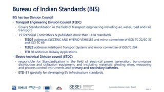 Automotive Industry in India - Report
Slide 24
Bureau of Indian Standards (BIS)
BIS has two Division Council:
- Transport Engineering Division Council (TEDC)
- Covers Standardization in the field of transport engineering including air, water, road and rail
transport
- 19 Technical Committees & published more than 1160 Standards
- TED27 addresses ELECTRIC AND HYBRID VEHICLES and mirror committee of ISO/ TC 22/SC 37
and IEC/ TC 69.
- TED28 addresses Intelligent Transport Systems and mirror committee of ISO/TC 204
- TED 30 addresses Railway Applications
- Electro technical Division council (ETDC)
- responsible for Standardization in the field of electrical power generation, transmission,
distribution and utilization equipment; and insulating materials, winding wires, measuring
and process control instruments and primary and secondary batteries.
- ETD-51 specially for developing EV infrastructure standards.
 
