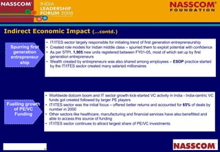 Indirect Economic Impact  (…contd.) Fuelling growth of PE/VC Funding Worldwide dotcom boom and IT sector growth kick-started VC activity in India - India-centric VC funds got created followed by larger PE players  IT/ITES sector was the initial focus – offered better returns and accounted for  65%  of deals by number in 2000 Other sectors like healthcare, manufacturing and financial services have also benefitted and  able to access this source of funding IT/ITES sector continues to attract largest share of PE/VC investments IT/ITES sector largely responsible for initiating trend of first generation entrepreneurship  Created role models for Indian middle class – spurred them to exploit potential with confidence  As per STPI,  1,905  new units registered between FY01-05, most of which set up by first generation entrepreneurs Wealth created by entrepreneurs was also shared among employees –  ESOP  practice started by the IT/ITES sector created many salaried millionaires  Spurring first generation entrepreneur ship 