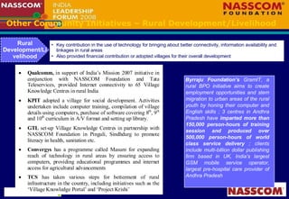 Other Community Initiatives – Rural Development/Livelihood Rural Development/Livelihood Key contribution in the use of technology for bringing about better connectivity, information availability and linkages in rural areas Also provided financial contribution or adopted villages for their overall development  Byrraju Foundation’s  GramIT, a rural BPO initiative aims to create employment opportunities and stem migration to urban areas of the rural youth by honing their computer and English skills ; 3 centres in Andhra Pradesh have  imparted more than 150,000 person-hours of training session and produced over 500,000 person-hours of world class service delivery  ; clients include multi-billion dollar publishing firm based in UK, India’s largest GSM mobile service operator, largest pre-hospital care provider of Andhra Pradesh  