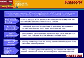 Way Forward Handholding for smaller companies Providing hand holding support and advisory services to smaller companies to help participate in community initiatives As a relatively young organisation, NF has taken significant strides to fulfill its stated role ; to help promote practice of socially relevant initiatives among IT/ITES companies, some future focus areas of NF Knowledge dissemination Dissemination of information on best practices, international benchmarks and monitoring mechanisms to ensure greater effectiveness and impact Sector identification Identifying sector specific investment opportunities which can be linked with MDG goals or Govt. initiatives in promoting socio-economic development Award/ recognition system Initiating a award/recognition system for socially relevant community initiatives to showcase commendable activities and encourage more companies to participate NGO Capacity Building Capacity building of NGOs, both technical and functional, to help extend the reach and scalability of various innovative community initiatives 