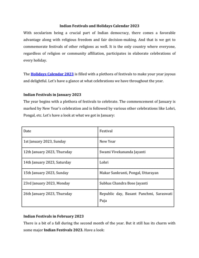 Indian Festivals and Holidays Calendar 2023 | PDF