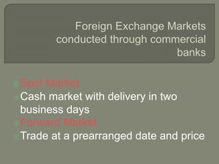 Spot Market
Cash market with delivery in two
business days
Forward Market
Trade at a prearranged date and price
 