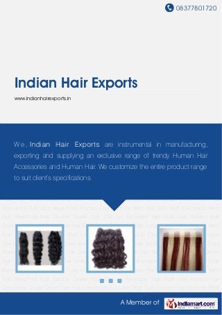 08377801720
A Member of
Indian Hair Exports
www.indianhairexports.in
Curly Human Hair Machine Weft Hair Skin Weft Hair Micro Weft Hair Bleached Hair Double
Drawn Hair Clip on Extension Hair Bulk Hair Keratin Hair Extensions Single Drawn Hair Hair
Extensions Full Lace Wigs Curly Human Hair Machine Weft Hair Skin Weft Hair Micro Weft
Hair Bleached Hair Double Drawn Hair Clip on Extension Hair Bulk Hair Keratin Hair
Extensions Single Drawn Hair Hair Extensions Full Lace Wigs Curly Human Hair Machine Weft
Hair Skin Weft Hair Micro Weft Hair Bleached Hair Double Drawn Hair Clip on Extension
Hair Bulk Hair Keratin Hair Extensions Single Drawn Hair Hair Extensions Full Lace Wigs Curly
Human Hair Machine Weft Hair Skin Weft Hair Micro Weft Hair Bleached Hair Double Drawn
Hair Clip on Extension Hair Bulk Hair Keratin Hair Extensions Single Drawn Hair Hair
Extensions Full Lace Wigs Curly Human Hair Machine Weft Hair Skin Weft Hair Micro Weft
Hair Bleached Hair Double Drawn Hair Clip on Extension Hair Bulk Hair Keratin Hair
Extensions Single Drawn Hair Hair Extensions Full Lace Wigs Curly Human Hair Machine Weft
Hair Skin Weft Hair Micro Weft Hair Bleached Hair Double Drawn Hair Clip on Extension
Hair Bulk Hair Keratin Hair Extensions Single Drawn Hair Hair Extensions Full Lace Wigs Curly
Human Hair Machine Weft Hair Skin Weft Hair Micro Weft Hair Bleached Hair Double Drawn
Hair Clip on Extension Hair Bulk Hair Keratin Hair Extensions Single Drawn Hair Hair
Extensions Full Lace Wigs Curly Human Hair Machine Weft Hair Skin Weft Hair Micro Weft
Hair Bleached Hair Double Drawn Hair Clip on Extension Hair Bulk Hair Keratin Hair
Extensions Single Drawn Hair Hair Extensions Full Lace Wigs Curly Human Hair Machine Weft
W e , Indian Hair Exports are instrumental in manufacturing,
exporting and supplying an exclusive range of trendy Human Hair
Accessories and Human Hair. We customize the entire product range
to suit client’s specifications.
 