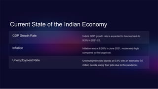 Current State of the Indian Economy
GDP Growth Rate India's GDP growth rate is expected to bounce back to
9.5% in 2021-22.
Inflation Inflation was at 6.26% in June 2021, moderately high
compared to the target set.
Unemployment Rate Unemployment rate stands at 6.9% with an estimated 75
million people losing their jobs due to the pandemic.
 