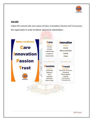 14 | P a g e
VALUES
Indian Oil nurtures the core values of Care, Innovation, Passion and Trust across
the organization in order to deliver value to its stakeholders.
 