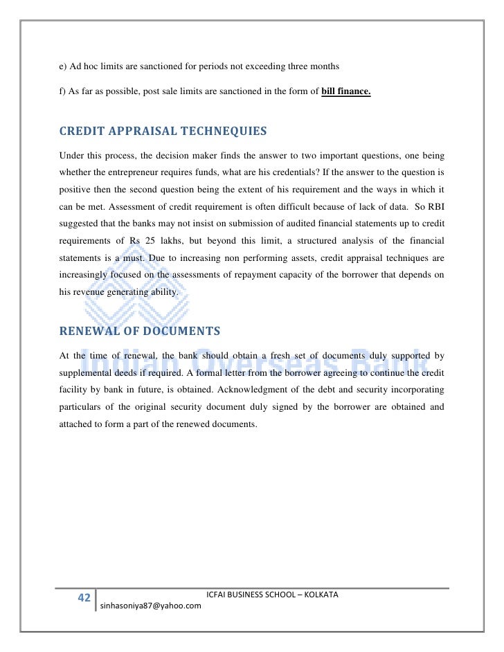 Indian Overseas Bank Sip Report Loans And Advances Management