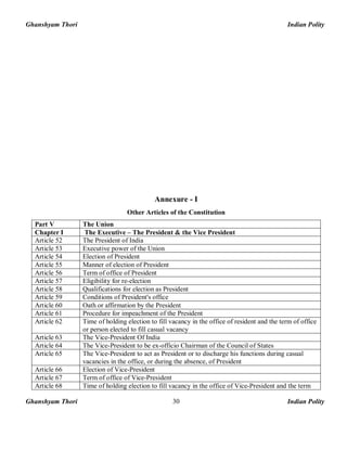 Ghanshyam Thori Indian Polity
Ghanshyam Thori Indian Polity30
Annexure - I
Other Articles of the Constitution
Part V The Union
Chapter I The Executive – The President & the Vice President
Article 52 The President of India
Article 53 Executive power of the Union
Article 54 Election of President
Article 55 Manner of election of President
Article 56 Term of office of President
Article 57 Eligibility for re-election
Article 58 Qualifications for election as President
Article 59 Conditions of President's office
Article 60 Oath or affirmation by the President
Article 61 Procedure for impeachment of the President
Article 62 Time of holding election to fill vacancy in the office of resident and the term of office
or person elected to fill casual vacancy
Article 63 The Vice-President Of India
Article 64 The Vice-President to be ex-officio Chairman of the Council of States
Article 65 The Vice-President to act as President or to discharge his functions during casual
vacancies in the office, or during the absence, of President
Article 66 Election of Vice-President
Article 67 Term of office of Vice-President
Article 68 Time of holding election to fill vacancy in the office of Vice-President and the term
 